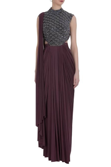 Shop Diyarajvvir Purple Embroidered Blouse With Pre-stitched Saree Online at Aza Fashions Shop_Diyarajvvir_Purple Embroidered Blouse With Pre-stitched Saree_Online_at_Aza_Fashions