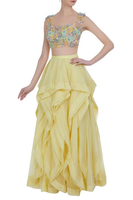 DiyaRajvvir Yellow Frilly Layered Lehenga With Flower Motif Blouse