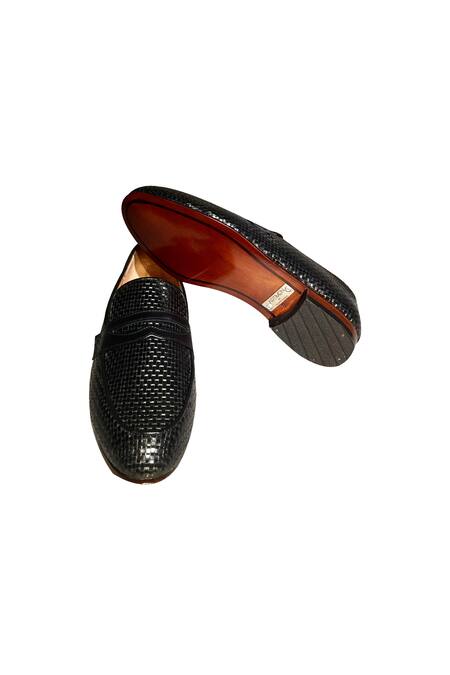 Artimen_Black Plain Woven Leather Handcrafted Penny Loafer _Online_at_Aza_Fashions