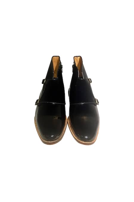 Shop_Artimen_Black Plain Patent Leather Boots With Decorative Belt Buckles _at_Aza_Fashions