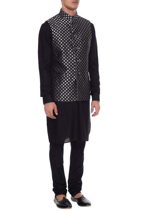 Arjan Dugal_Black Chanderi Banarasi Silk Bundi And Kurta Set_Online_at_Aza_Fashions