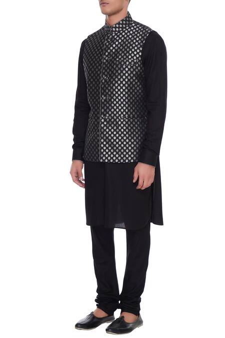 Buy_Arjan Dugal_Black Chanderi Banarasi Silk Bundi And Kurta Set_Online_at_Aza_Fashions