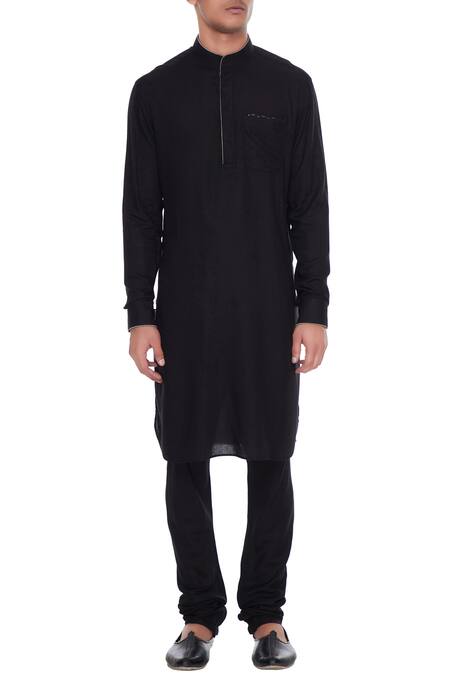 Shop_Arjan Dugal_Black Chanderi Banarasi Silk Bundi And Kurta Set_Online_at_Aza_Fashions