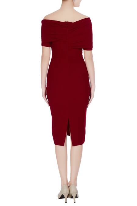Shop_Gauri & Nainika_Maroon Off Shoulder Dress  _at_Aza_Fashions