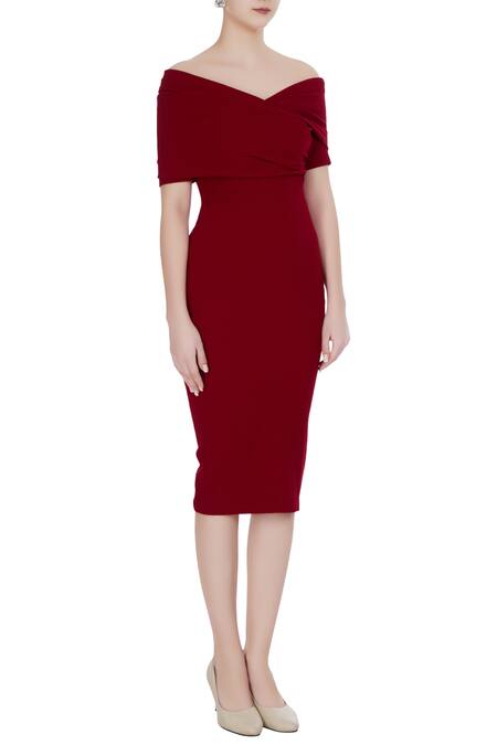 Gauri & Nainika_Maroon Off Shoulder Dress  _Online_at_Aza_Fashions