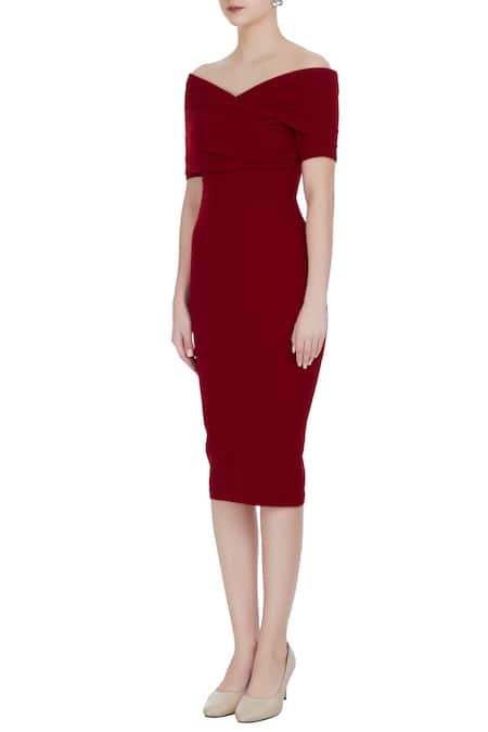 Buy_Gauri & Nainika_Maroon Off Shoulder Dress  _Online_at_Aza_Fashions