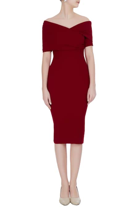 Shop_Gauri & Nainika_Maroon Off Shoulder Dress  _Online_at_Aza_Fashions