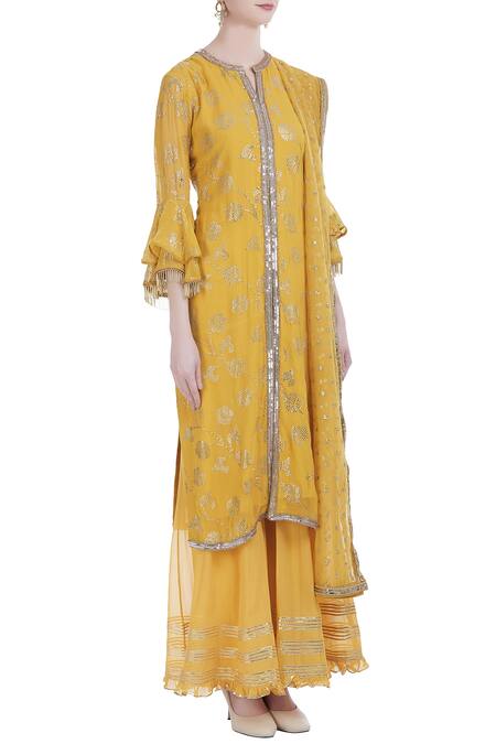 Ushma Vaidya_Yellow Kurta And Pant Georgette Dupatta Hand Embroidered Sharara Set  _Online_at_Aza_Fashions
