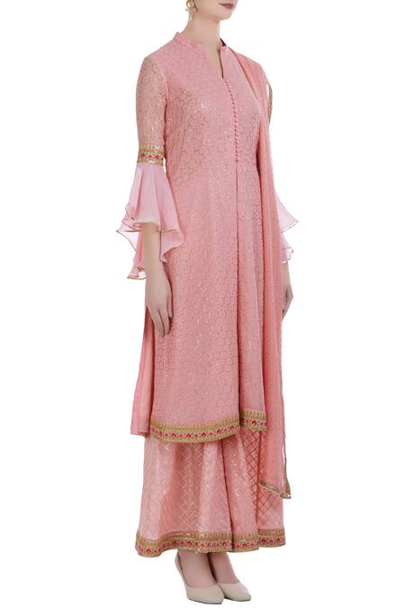 Ushma Vaidya_Pink Kurta Georgette Pant Cotton Dupatta Embroidered Palazzo Set  _Online_at_Aza_Fashions