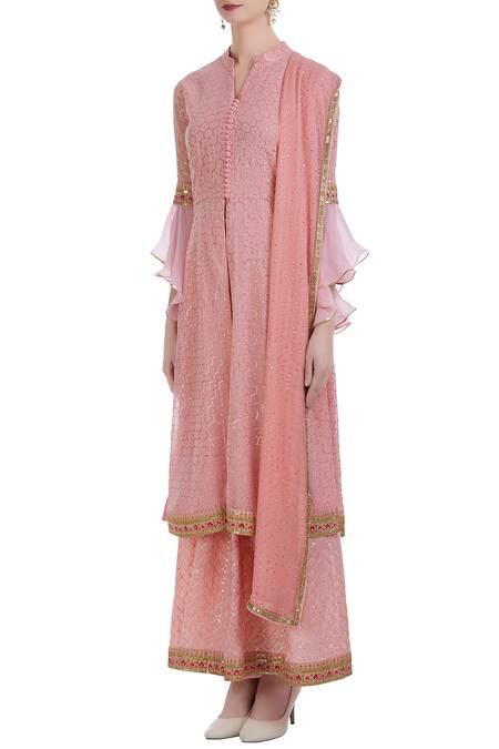 Buy_Ushma Vaidya_Pink Kurta Georgette Pant Cotton Dupatta Embroidered Palazzo Set  _Online_at_Aza_Fashions