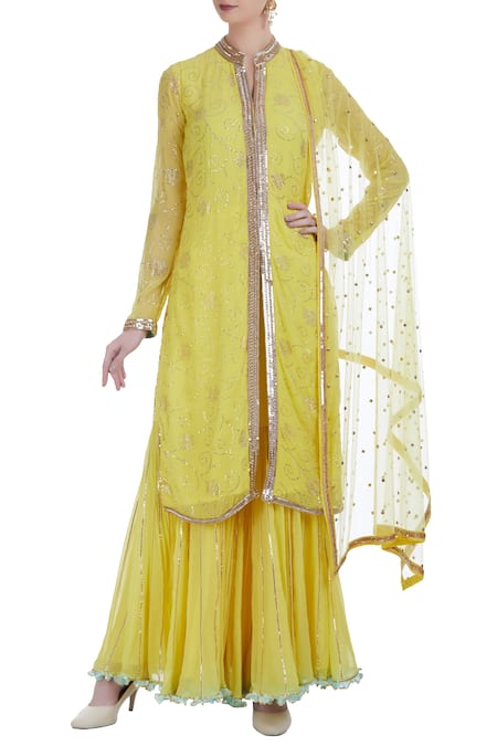 Ushma Vaidya Yellow Kurta And Pant Georgette Dupatta Net Round Embroidered Set 