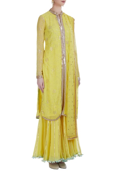Ushma Vaidya_Yellow Kurta And Pant Georgette Dupatta Net Round Embroidered Set  _Online_at_Aza_Fashions