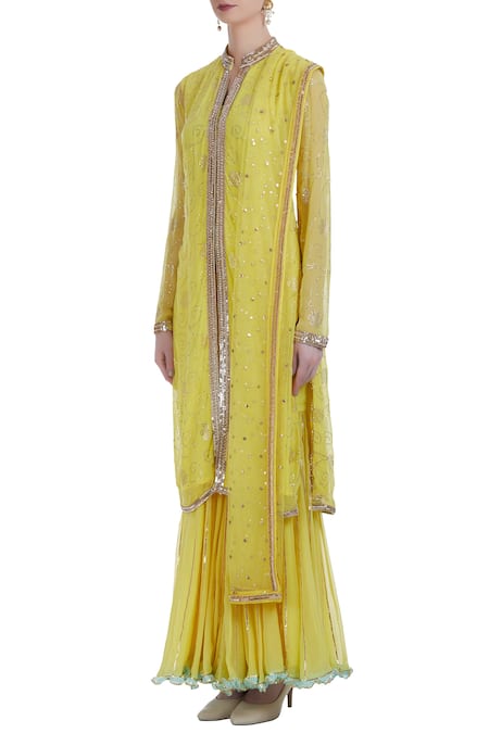Buy_Ushma Vaidya_Yellow Kurta And Pant Georgette Dupatta Net Round Embroidered Set  _Online_at_Aza_Fashions