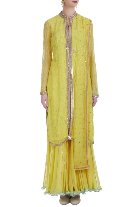 Shop_Ushma Vaidya_Yellow Kurta And Pant Georgette Dupatta Net Round Embroidered Set  _Online_at_Aza_Fashions