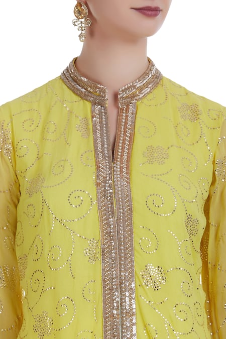 Ushma Vaidya_Yellow Kurta And Pant Georgette Dupatta Net Round Embroidered Set  _at_Aza_Fashions