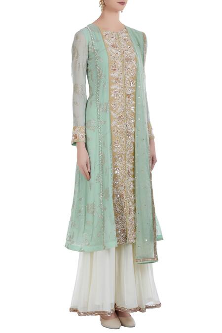 Ushma Vaidya_Green Kurta And Pant Georgette Dupatta Net Hand Embroidered Set  _Online_at_Aza_Fashions
