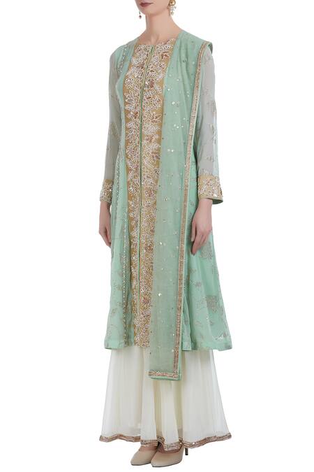 Buy_Ushma Vaidya_Green Kurta And Pant Georgette Dupatta Net Hand Embroidered Set  _Online_at_Aza_Fashions