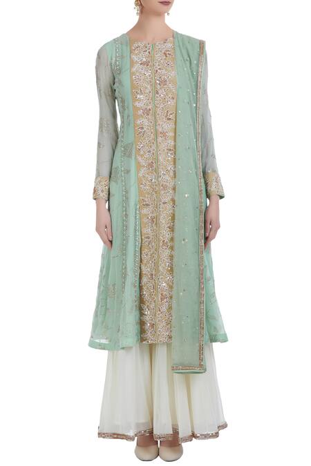 Shop_Ushma Vaidya_Green Kurta And Pant Georgette Dupatta Net Hand Embroidered Set  _Online_at_Aza_Fashions
