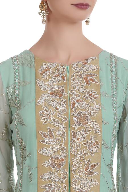 Ushma Vaidya_Green Kurta And Pant Georgette Dupatta Net Hand Embroidered Set  _at_Aza_Fashions