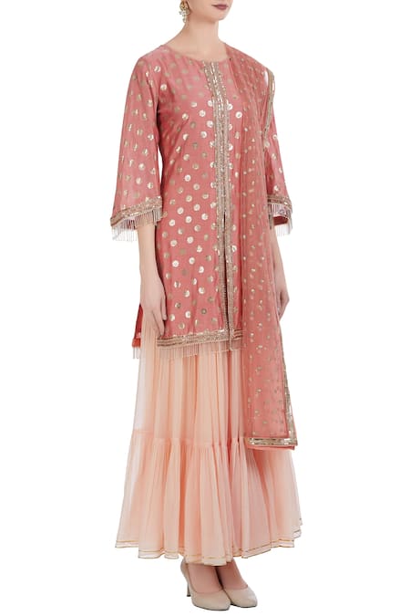 Ushma Vaidya Pink Kurta Chanderi Silk Pant Georgette Embroidered Sharara Set Online at Aza Fashions Ushma Vaidya_Pink Kurta Chanderi Silk Pant Georgette Embroidered Sharara Set _Online_at_Aza_Fashions