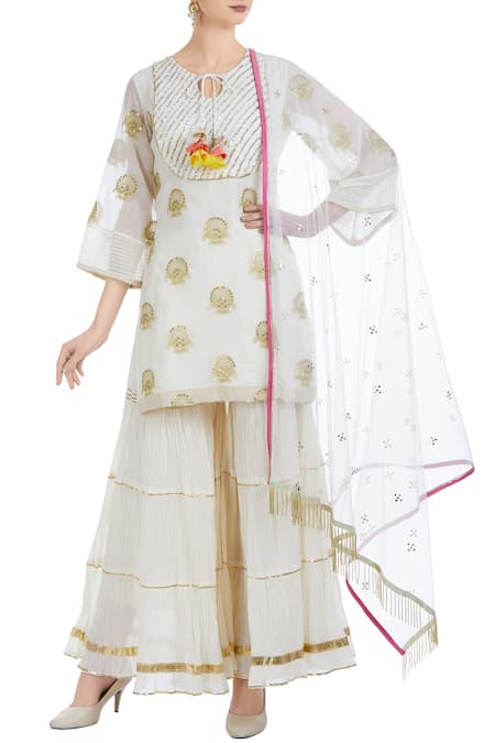 Ushma Vaidya Cream Kurta And Pant Cotton Dupatta Net Embroidered Sharara Set 