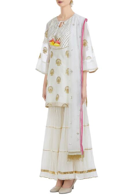 Buy Ushma Vaidya Cream Kurta And Pant Cotton Dupatta Net Embroidered Sharara Set Online at Aza Fashions Buy_Ushma Vaidya_Cream Kurta And Pant Cotton Dupatta Net Embroidered Sharara Set _Online_at_Aza_Fashions