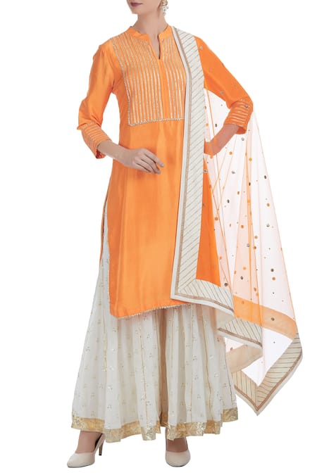 Ushma Vaidya Orange Kurta Dupion Silk Pant Cotton Dupatta Net Band Collar Set 