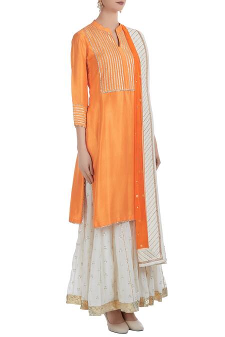 Ushma Vaidya_Orange Kurta Dupion Silk Pant Cotton Dupatta Net Band Collar Set  _Online_at_Aza_Fashions