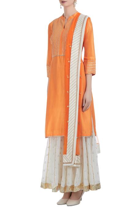 Buy_Ushma Vaidya_Orange Kurta Dupion Silk Pant Cotton Dupatta Net Band Collar Set  _Online_at_Aza_Fashions