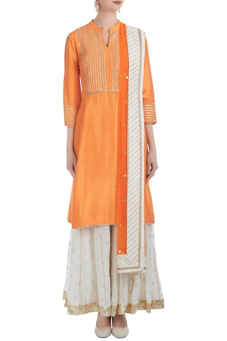 Shop_Ushma Vaidya_Orange Kurta Dupion Silk Pant Cotton Dupatta Net Band Collar Set  _Online_at_Aza_Fashions