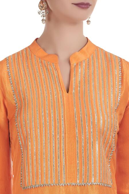 Ushma Vaidya_Orange Kurta Dupion Silk Pant Cotton Dupatta Net Band Collar Set  _at_Aza_Fashions