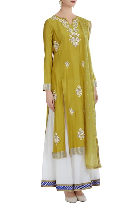 Ushma Vaidya_Yellow Kurta Dupion Silk Pant Cotton Embroidered Palazzo Set  _Online_at_Aza_Fashions