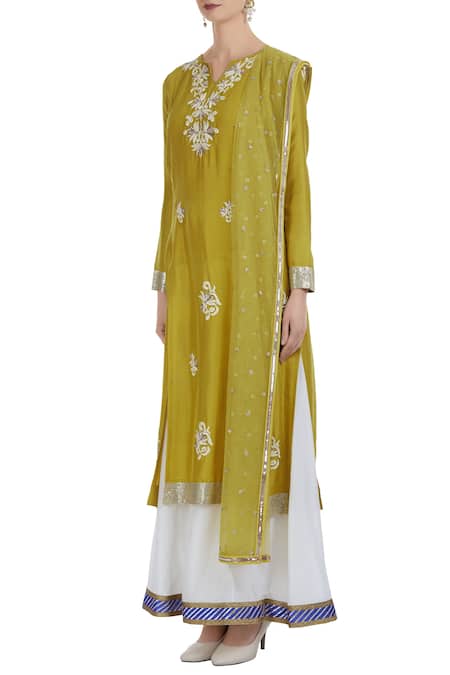 Buy_Ushma Vaidya_Yellow Kurta Dupion Silk Pant Cotton Embroidered Palazzo Set  _Online_at_Aza_Fashions
