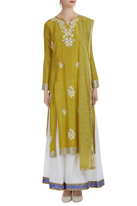 Shop_Ushma Vaidya_Yellow Kurta Dupion Silk Pant Cotton Embroidered Palazzo Set  _Online_at_Aza_Fashions