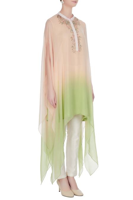 Swapan & Seema_Peach Chiffon Embroidered Resham Thread And & Green Asymmetric Kaftan-kurta_Online_at_Aza_Fashions