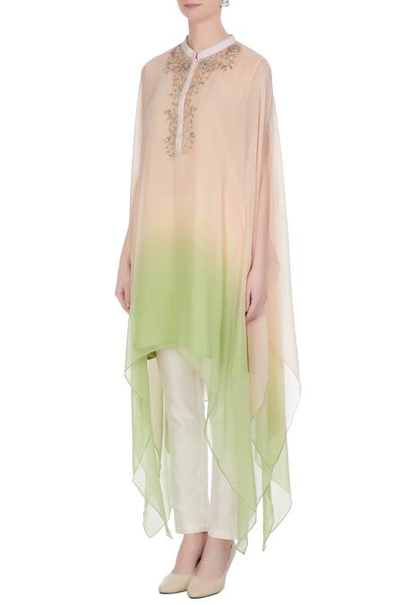 Buy_Swapan & Seema_Peach Chiffon Embroidered Resham Thread And & Green Asymmetric Kaftan-kurta_Online_at_Aza_Fashions