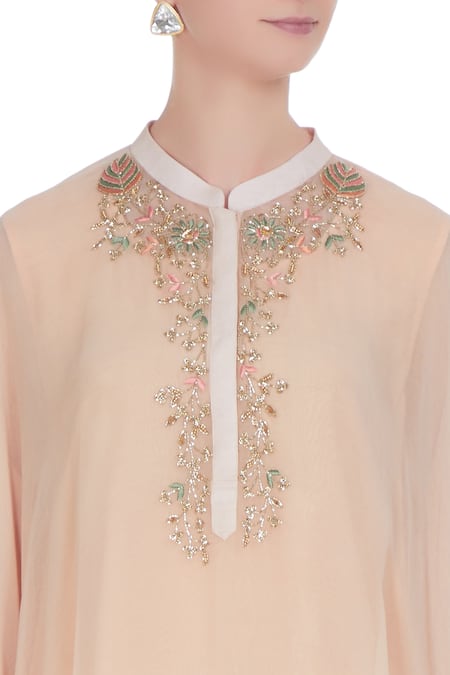 Swapan & Seema_Peach Chiffon Embroidered Resham Thread And & Green Asymmetric Kaftan-kurta_at_Aza_Fashions
