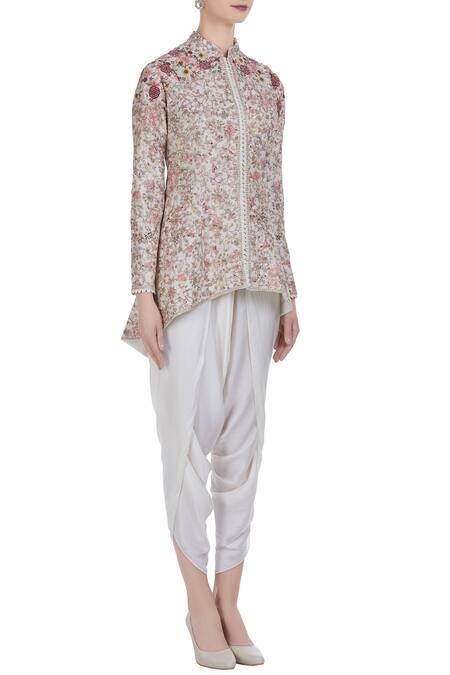 Petticoat Lane By Divya Pink Chanderi Silk Embroidered Thread And Hand Floral Jacket With Dhoti Pants Online at Aza Fashions Petticoat Lane By Divya_Pink Chanderi Silk Embroidered Thread And Hand Floral Jacket With Dhoti Pants _Online_at_Aza_Fashions
