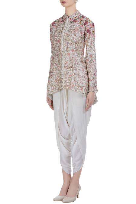 Buy Petticoat Lane By Divya Pink Chanderi Silk Embroidered Thread And Hand Floral Jacket With Dhoti Pants Online at Aza Fashions Buy_Petticoat Lane By Divya_Pink Chanderi Silk Embroidered Thread And Hand Floral Jacket With Dhoti Pants _Online_at_Aza_Fashions