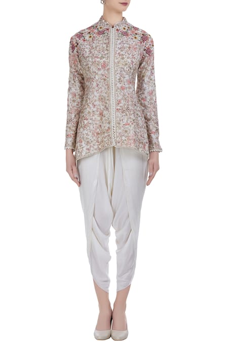 Shop Petticoat Lane By Divya Pink Chanderi Silk Embroidered Thread And Hand Floral Jacket With Dhoti Pants Online at Aza Fashions Shop_Petticoat Lane By Divya_Pink Chanderi Silk Embroidered Thread And Hand Floral Jacket With Dhoti Pants _Online_at_Aza_Fashions