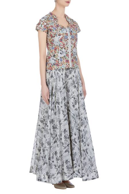 Petticoat Lane By Divya Multi Color V Neck Chanderi Silk Jacket Palazzo Set Online at Aza Fashions Petticoat Lane By Divya_Multi Color V Neck Chanderi Silk Jacket Palazzo Set _Online_at_Aza_Fashions