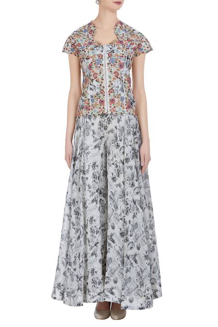 Shop Petticoat Lane By Divya Multi Color V Neck Chanderi Silk Jacket Palazzo Set Online at Aza Fashions Shop_Petticoat Lane By Divya_Multi Color V Neck Chanderi Silk Jacket Palazzo Set _Online_at_Aza_Fashions