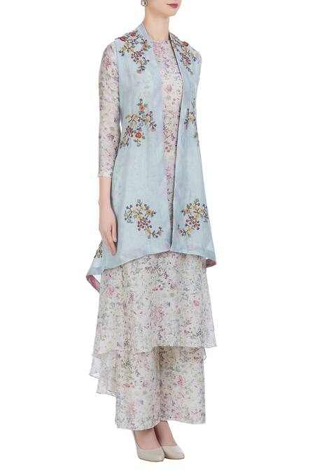 Petticoat Lane By Divya Blue Chanderi Silk Printed Floral Kurta Round Embroidered Jacket Set Online at Aza Fashions Petticoat Lane By Divya_Blue Chanderi Silk Printed Floral Kurta Round Embroidered Jacket Set _Online_at_Aza_Fashions