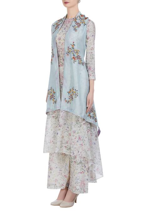 Buy Petticoat Lane By Divya Blue Chanderi Silk Printed Floral Kurta Round Embroidered Jacket Set Online at Aza Fashions Buy_Petticoat Lane By Divya_Blue Chanderi Silk Printed Floral Kurta Round Embroidered Jacket Set _Online_at_Aza_Fashions