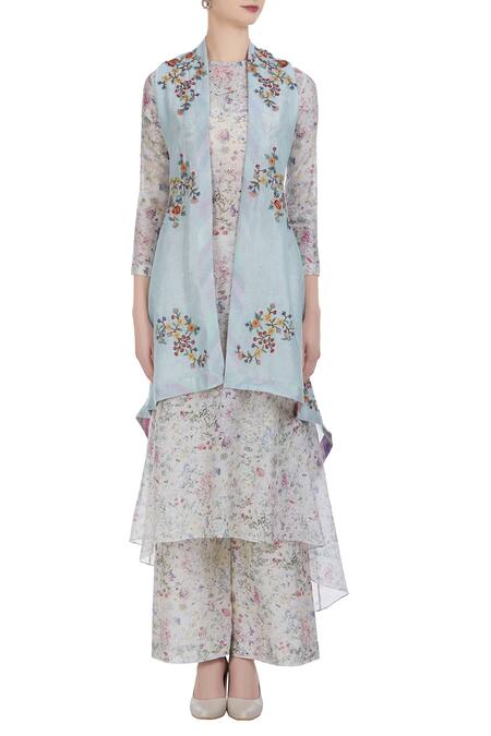 Shop Petticoat Lane By Divya Blue Chanderi Silk Printed Floral Kurta Round Embroidered Jacket Set Online at Aza Fashions Shop_Petticoat Lane By Divya_Blue Chanderi Silk Printed Floral Kurta Round Embroidered Jacket Set _Online_at_Aza_Fashions