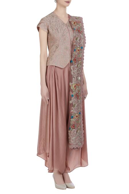 Petticoat Lane By Divya Pink Chanderi Silk Embroidered Hand And Sequin Jacket With Palazzos & Dupatta Online at Aza Fashions Petticoat Lane By Divya_Pink Chanderi Silk Embroidered Hand And Sequin Jacket With Palazzos & Dupatta _Online_at_Aza_Fashions