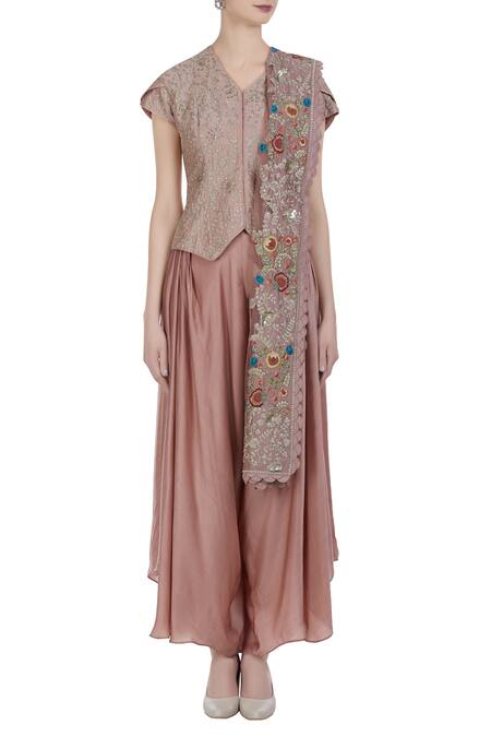 Shop Petticoat Lane By Divya Pink Chanderi Silk Embroidered Hand And Sequin Jacket With Palazzos & Dupatta Online at Aza Fashions Shop_Petticoat Lane By Divya_Pink Chanderi Silk Embroidered Hand And Sequin Jacket With Palazzos & Dupatta _Online_at_Aza_Fashions