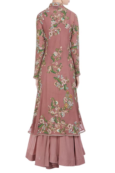 Shop Petticoat Lane By Divya Pink Chiffon Silk Embroidered Thread Work Floral Hand Jacket Skirt Set at Aza Fashions Shop_Petticoat Lane By Divya_Pink Chiffon Silk Embroidered Thread Work Floral Hand Jacket Skirt Set _at_Aza_Fashions