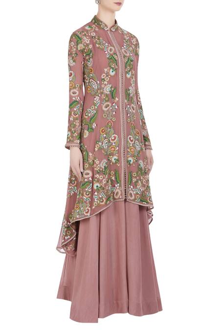 Petticoat Lane By Divya Pink Chiffon Silk Embroidered Thread Work Floral Hand Jacket Skirt Set Online at Aza Fashions Petticoat Lane By Divya_Pink Chiffon Silk Embroidered Thread Work Floral Hand Jacket Skirt Set _Online_at_Aza_Fashions
