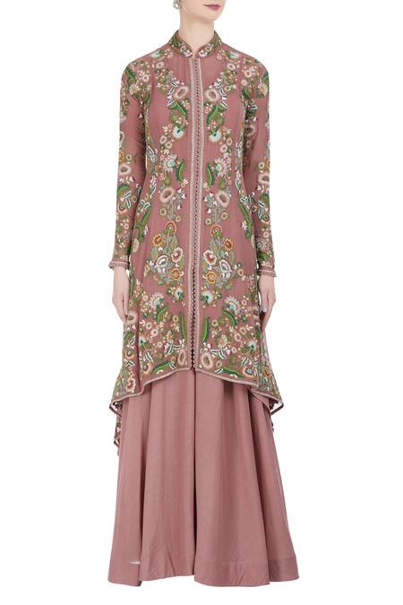 Shop Petticoat Lane By Divya Pink Chiffon Silk Embroidered Thread Work Floral Hand Jacket Skirt Set Online at Aza Fashions Shop_Petticoat Lane By Divya_Pink Chiffon Silk Embroidered Thread Work Floral Hand Jacket Skirt Set _Online_at_Aza_Fashions